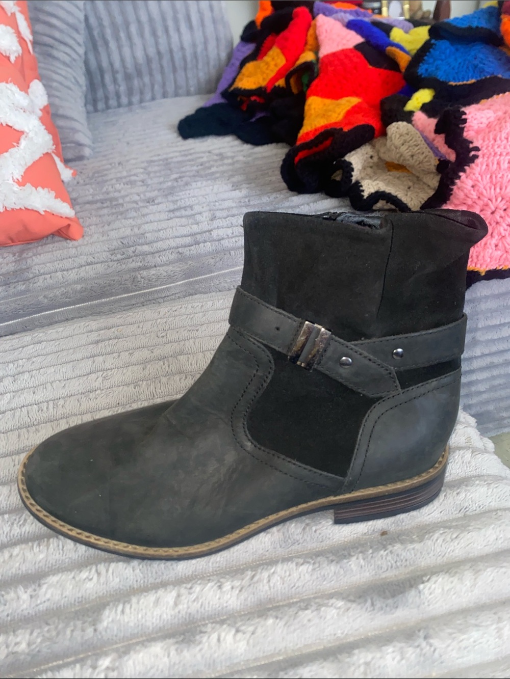Clarks Black Suede & Leather Ankle Boot with Buckle Strap